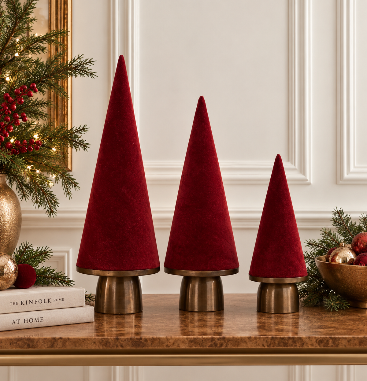 Velvet Cone Tree Set - 14.5", 19.5" & 22.5" - Red - Set of 3 — view 2