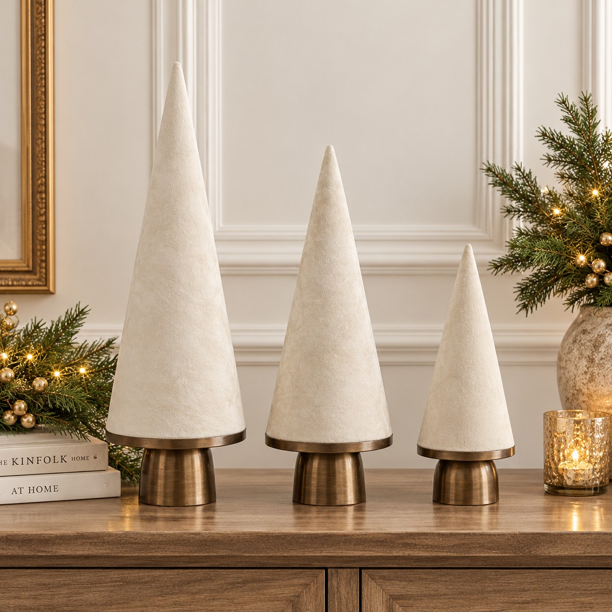 Velvet Cone Tree Set - 14.5", 19.5" & 22.5" - White - Set of 3 — view 2