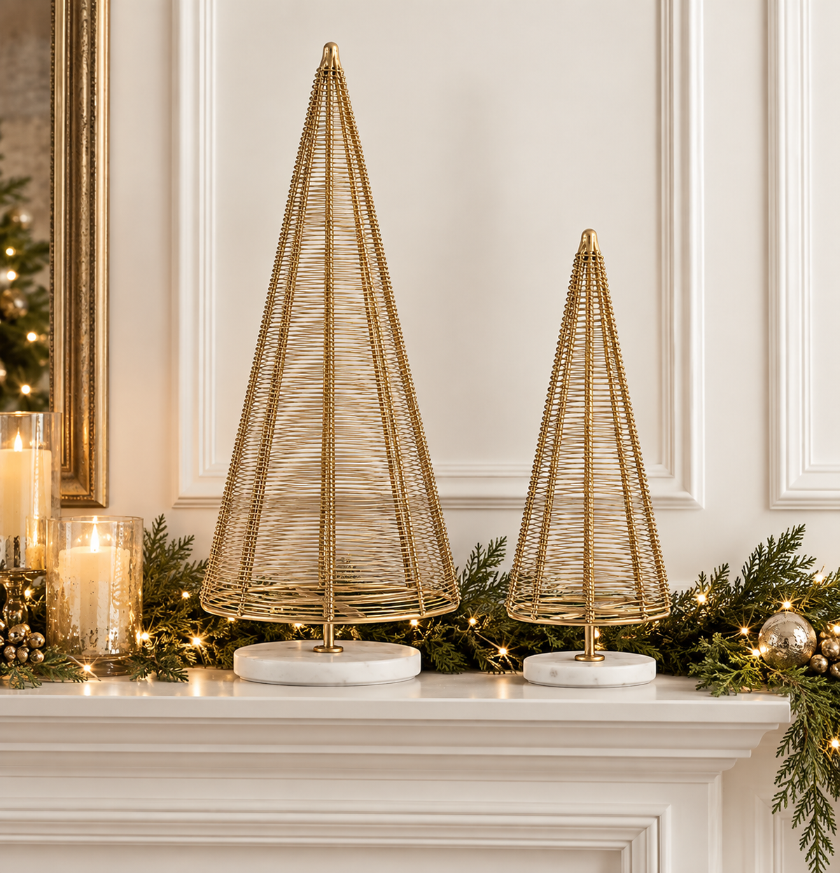 Gold Metal Wire Christmas Tree Set - White Base - Set of 2 — view 2