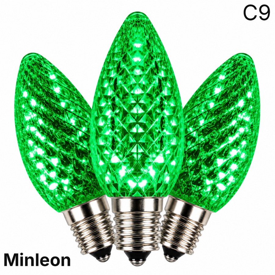 Green LED C9 - Minleon Faceted Bulb - Steady Green- Minleon