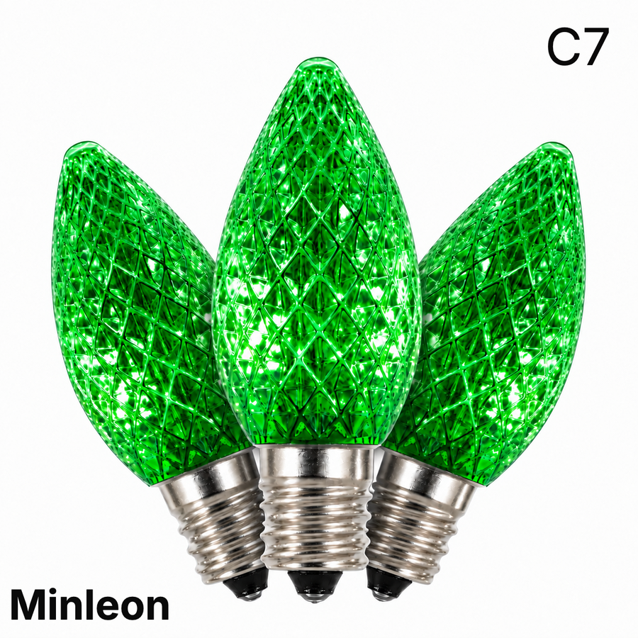 Green LED C7 - Minleon Faceted Bulb - Steady Green- Minleon