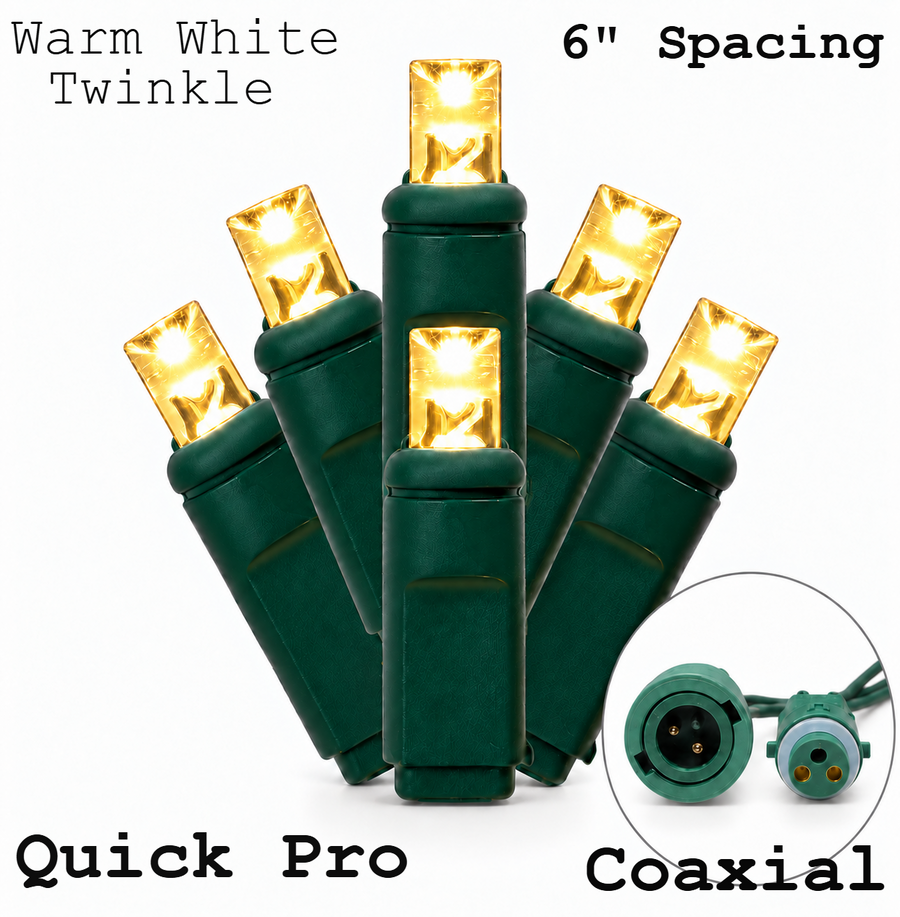 Warm White QuickPro 5MM LED Light Set - 50 Lights - Twinkle - 6" Spacing - Green Wire Warm White- 50 Ct - 6"- Green