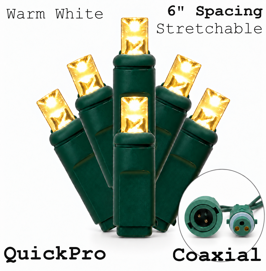 Warm White QuickPro Stretchable 5MM LED Light Set - 50 Lights - 6" Spacing - Green Wire
