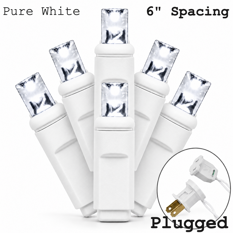 5MM 50L Light Set BALLED - 6" White Cord - PURE WHITE