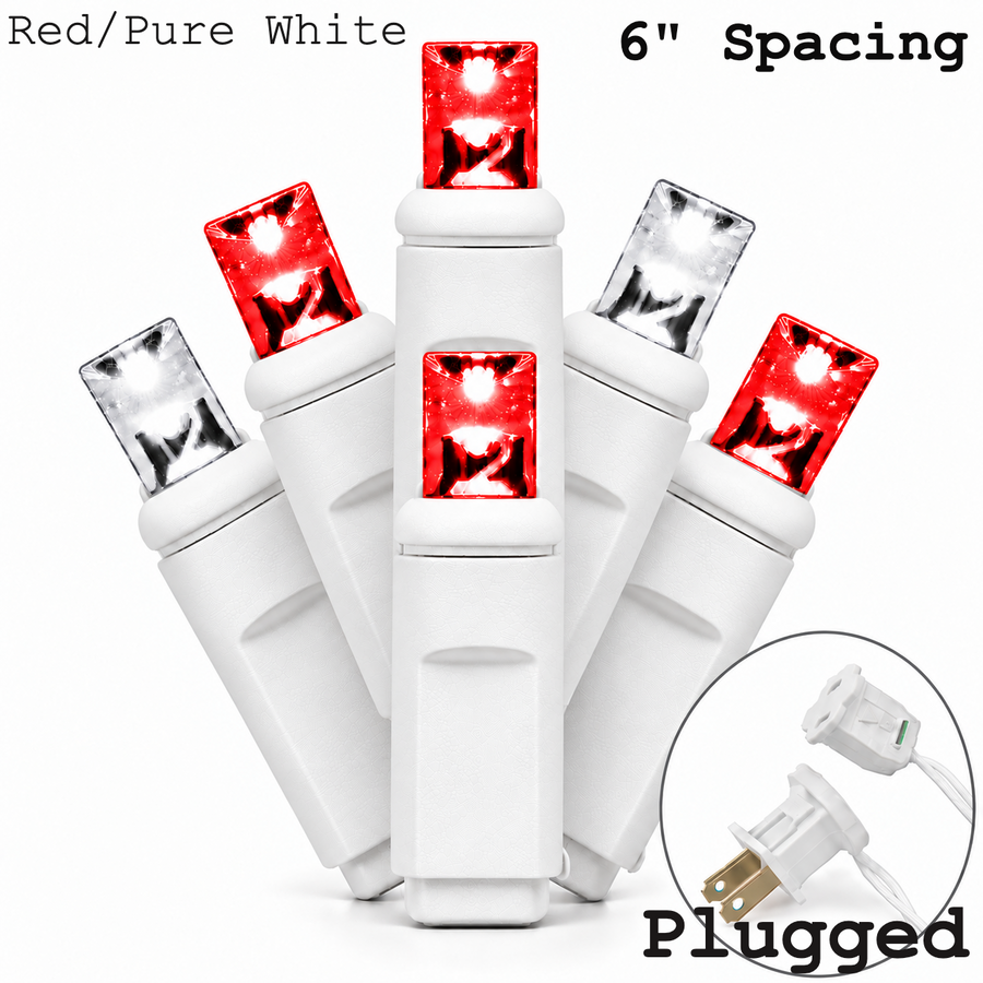 Red/Pure White 5MM LED Light Set - 50 Lights - 6" Spacing - White Wire