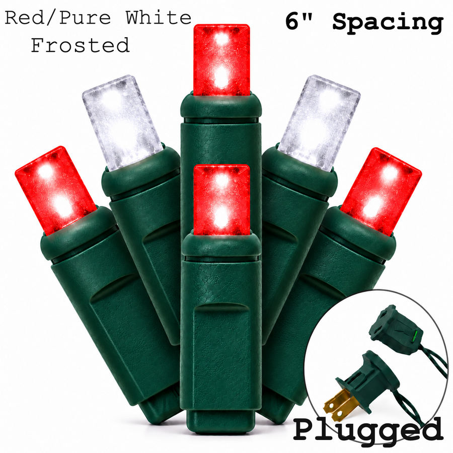 Red/Pure White Frosted 5MM LED Light Set - 50 Lights - 6" Spacing - Green Wire Red / Pure White (Frosted)- 50 Ct - 6"- Green