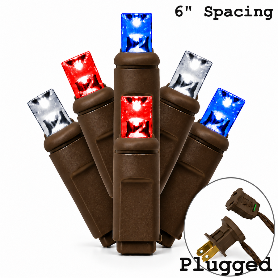 5MM 50L Light Set BALLED - 6" Brown Cord - PATRIOTIC(RD/PW/BL)