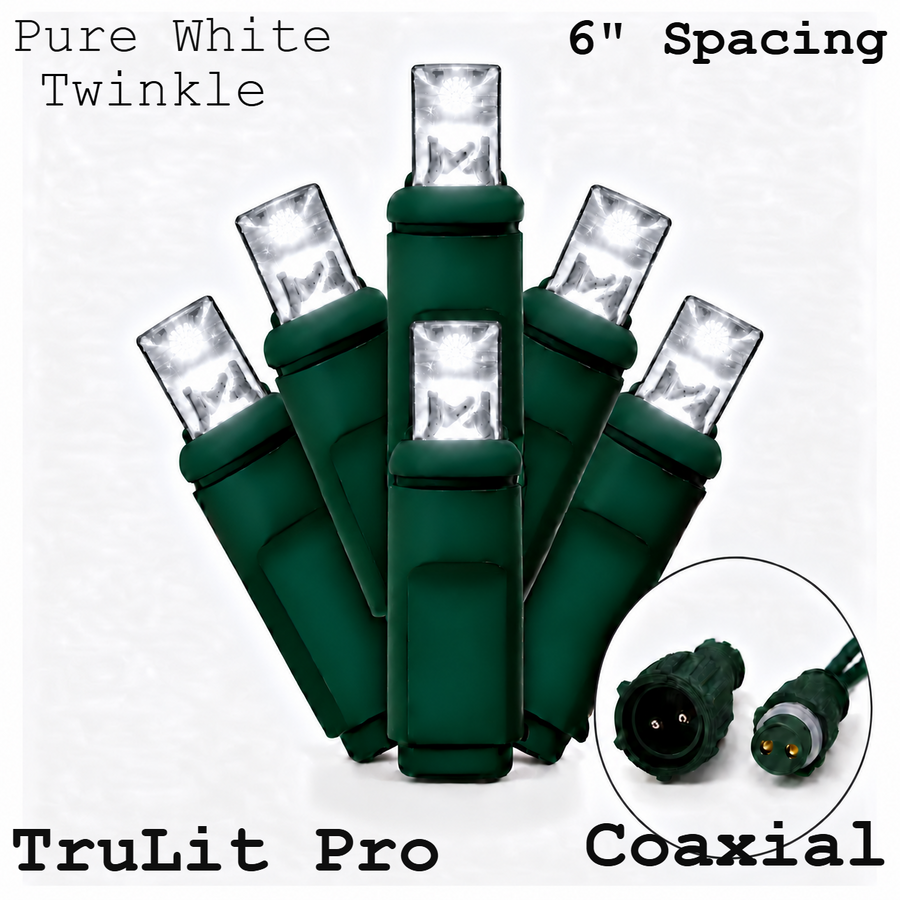 Pure White TruLit Pro 5MM LED Light Set - 50 Lights - Twinkle - 6" Spacing - Green Wire Pure White (1/5 Twinkle)- 50 Ct - 6"- Green