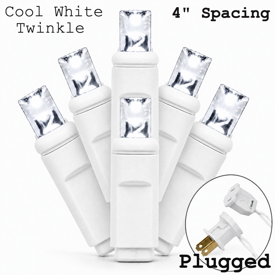Cool White 5MM LED Light Set - 70 Lights - Twinkle - 4" Spacing - White Wire