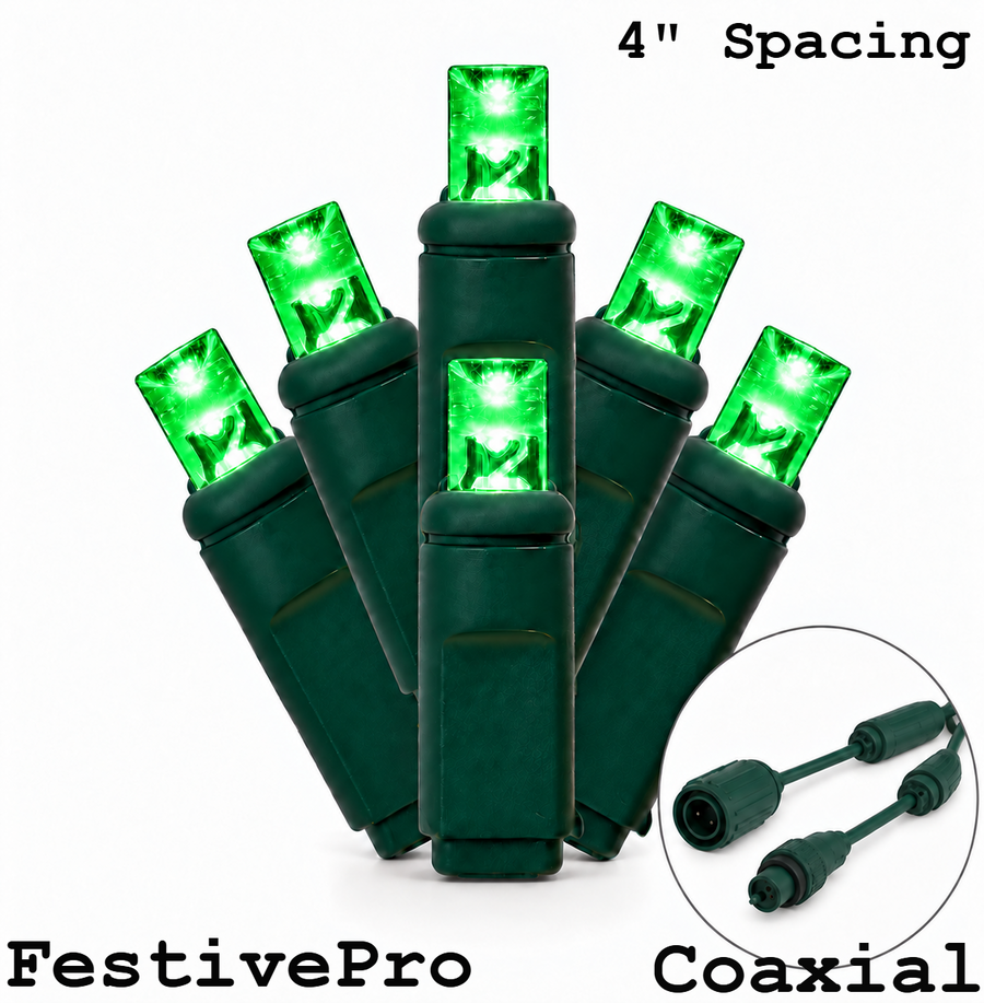 Green FestivePro 5MM LED Light Set - 70 Lights - 4" Spacing - Green Wire Green- 70 Ct - 4"- Green