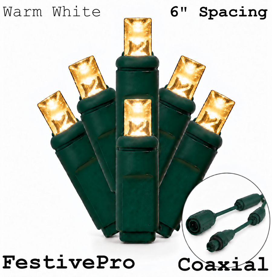 Warm White FestivePro 5MM LED Light Set - 50 Lights - 6" Spacing - Green Wire Warm White- 50 Ct - 6"- Green