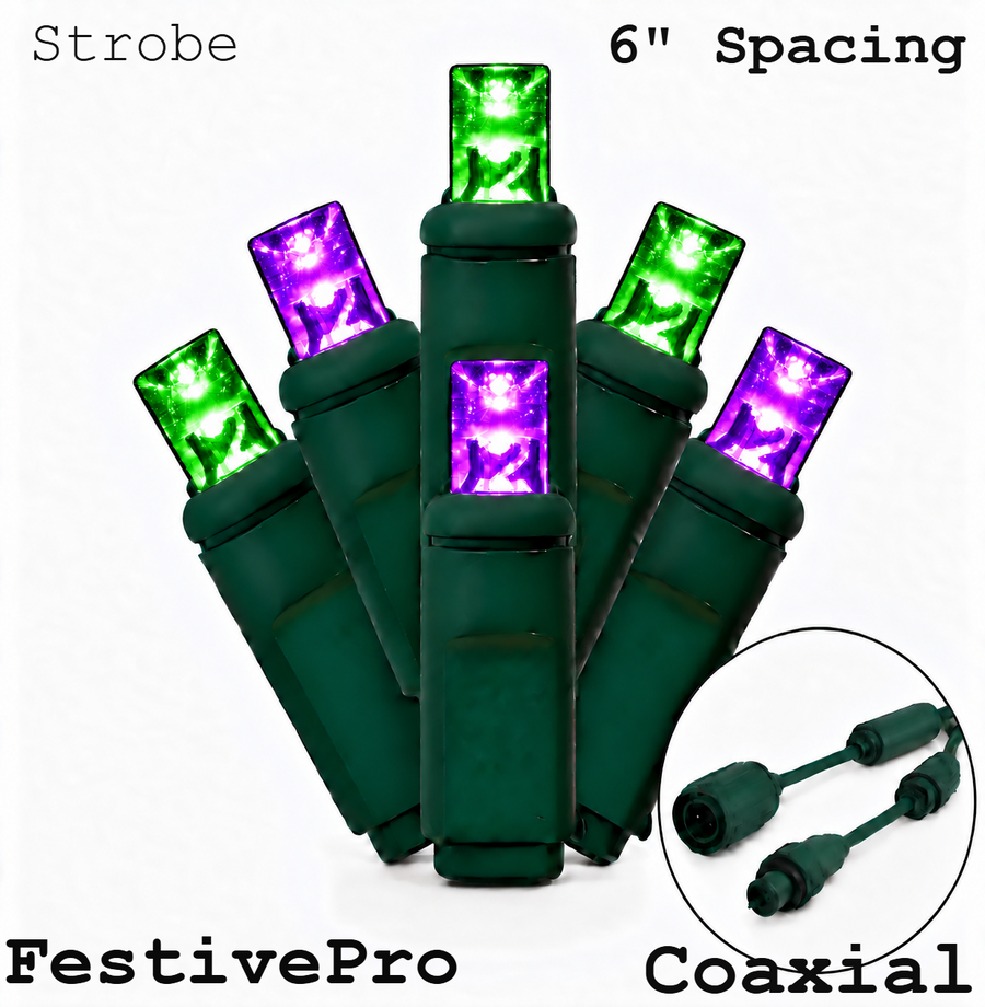 Green/Purple FestivePro 5MM LED Light Set - 50 Lights - Strobe - 6" Spacing - Green Wire Purple-Green- 50 Ct - 6"- Green