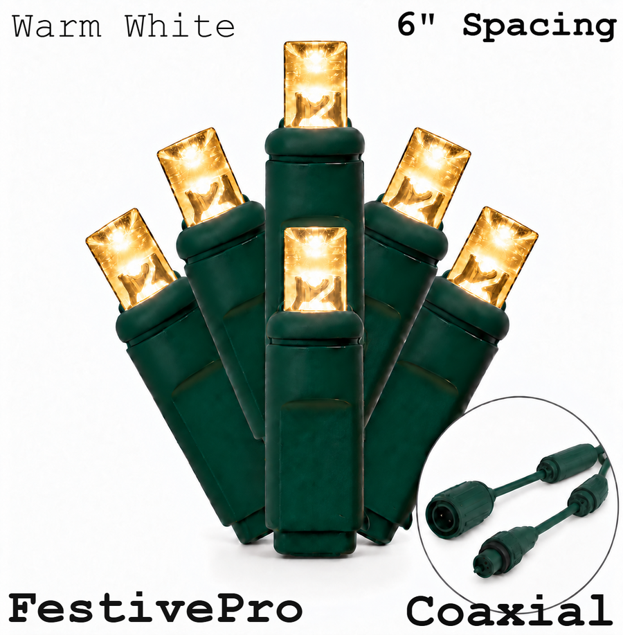 Warm White FestivePro 5MM LED Light Set - 100 Lights - 6" Spacing - Green Wire Warm White- 100 Ct - 6"- Green