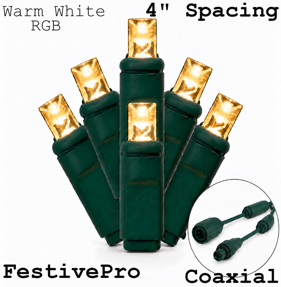 RGB/Warm White FestivePro RGBWW 5MM LED Light Set - 50 Lights - 4" Spacing - Green Wire RGB+Warm White- 50 Ct - 4"- Green