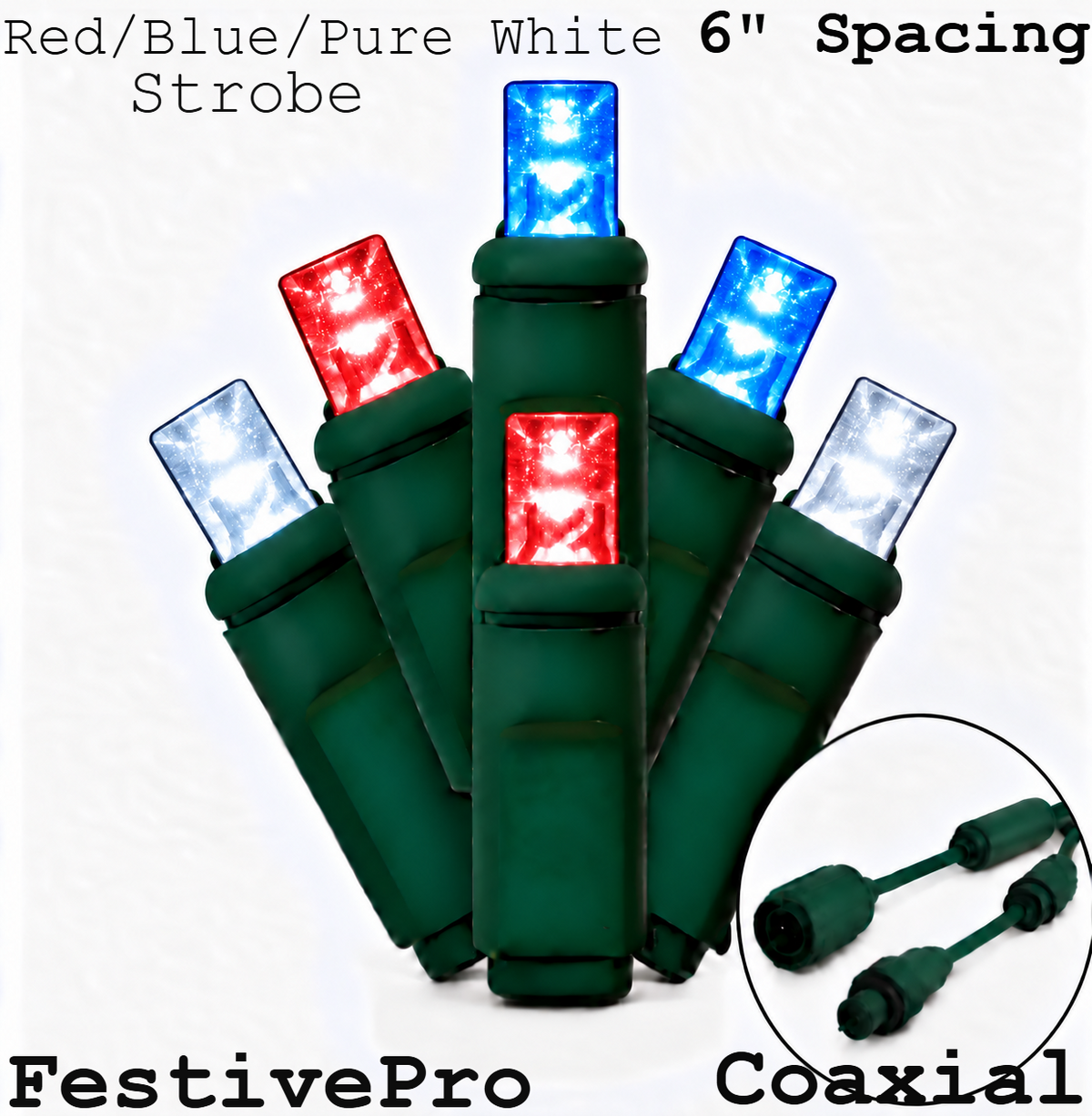 Red/Blue/Pure White FestivePro 5MM LED Light Set - 50 Lights - Strobe - 6" Spacing - Green Wire — view 1