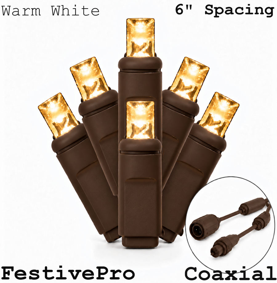 Warm White FestivePro 5MM LED Light Set - 50 Lights - 6" Spacing - Brown Wire Warm White- 50 Ct - 6"- Brown