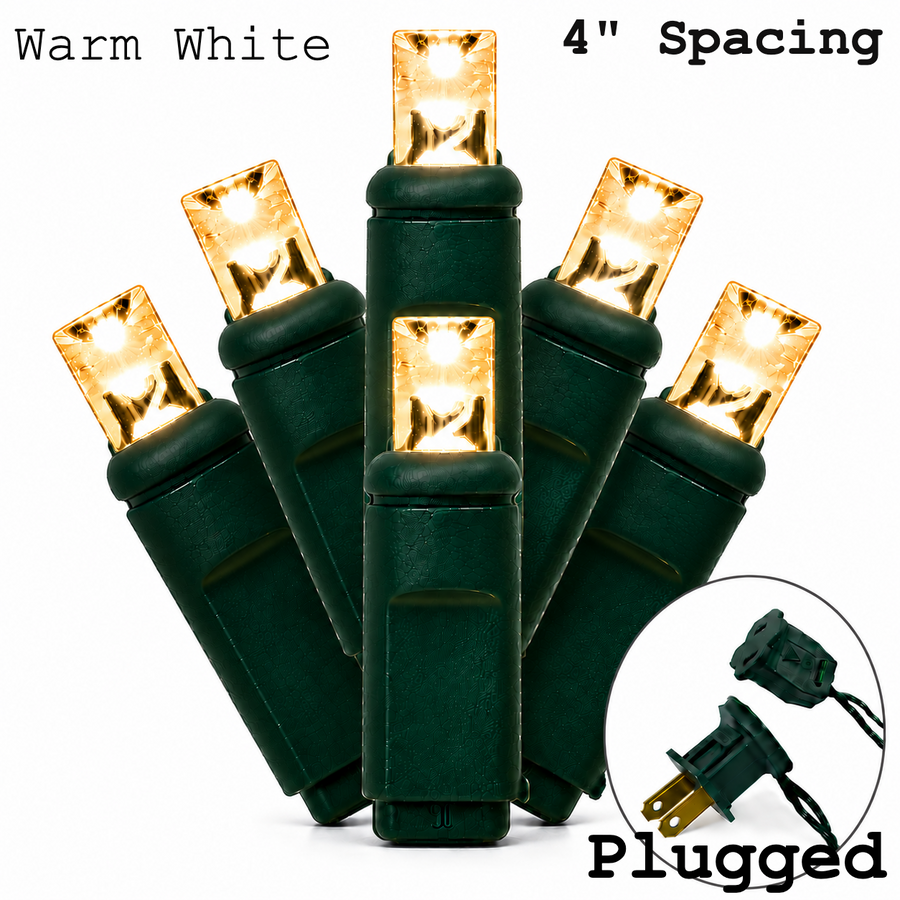 Warm White 5MM LED Light Set - 70 Lights - 4" Spacing - Green Wire Warm White- 70 Ct - 4"- Green