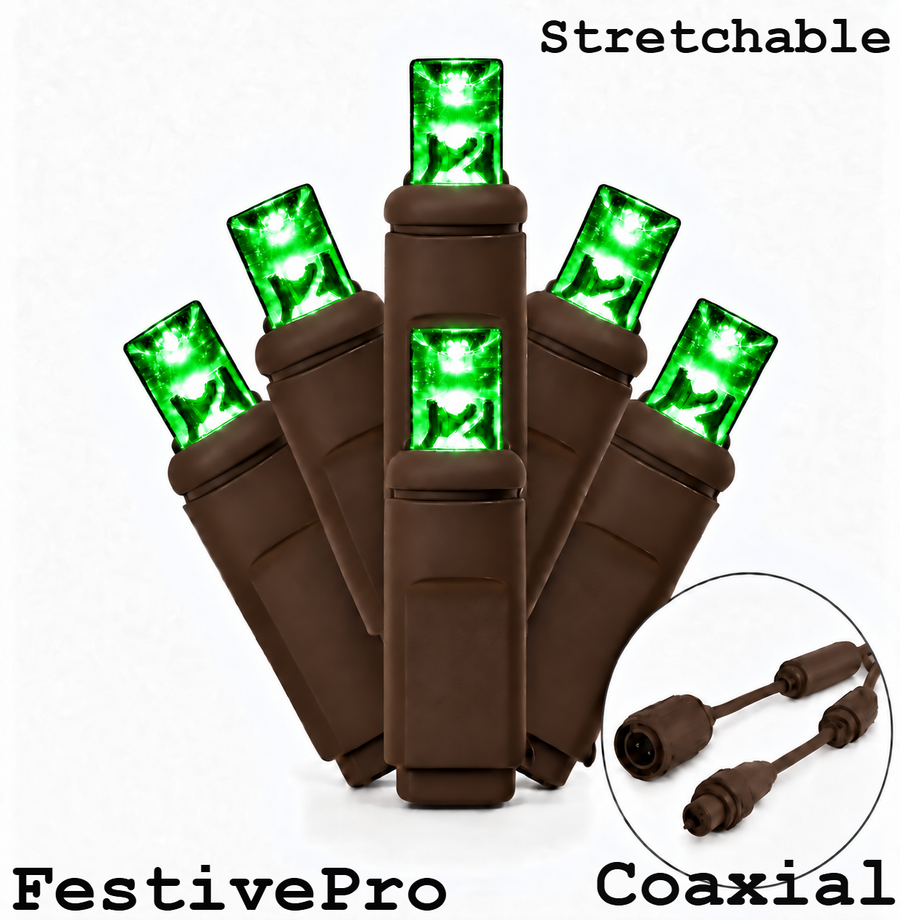FestivePro Stretchable 5MM LED Light Set - 50 Lights - Green - Brown Wire Green