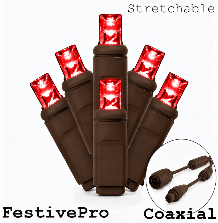FestivePro Stretchable 5MM LED Light Set - 50 Lights - Red - Brown Wire Red
