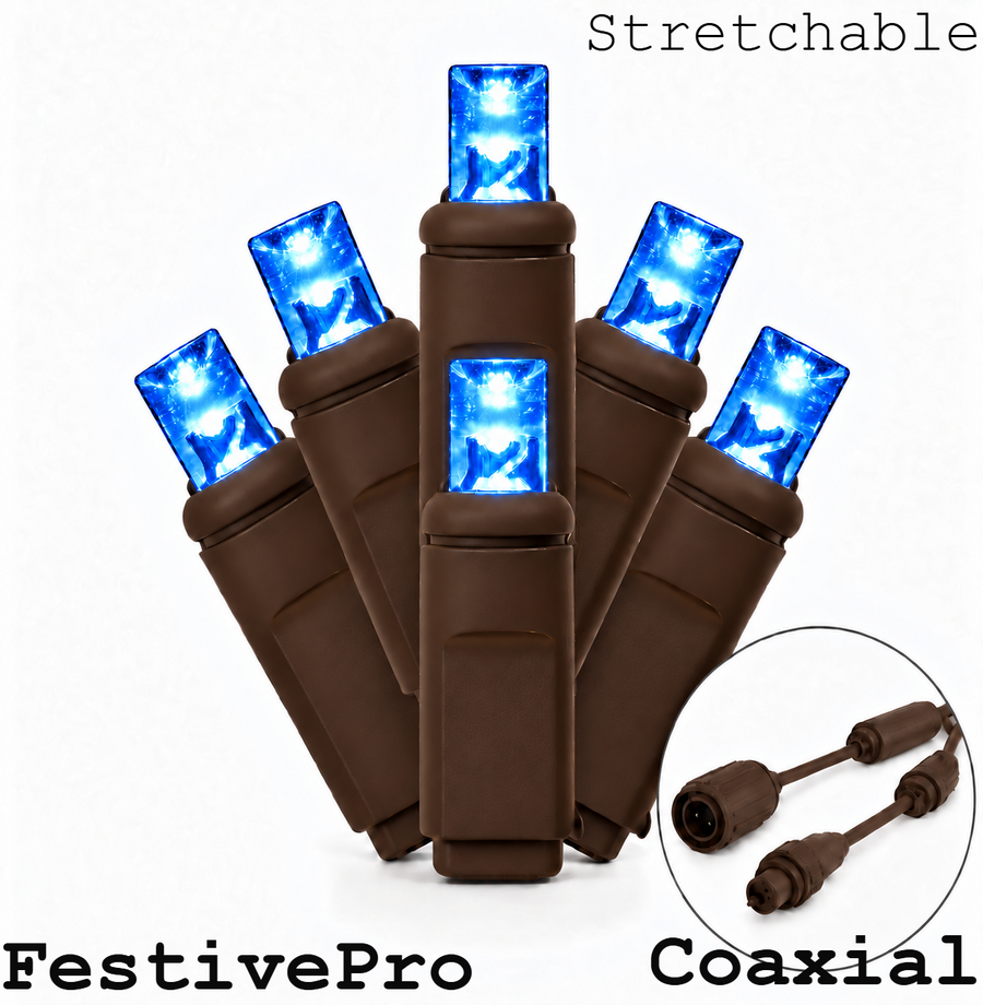 FestivePro Stretchable 5MM LED Light Set - 50 Lights - Blue - Brown Wire Blue