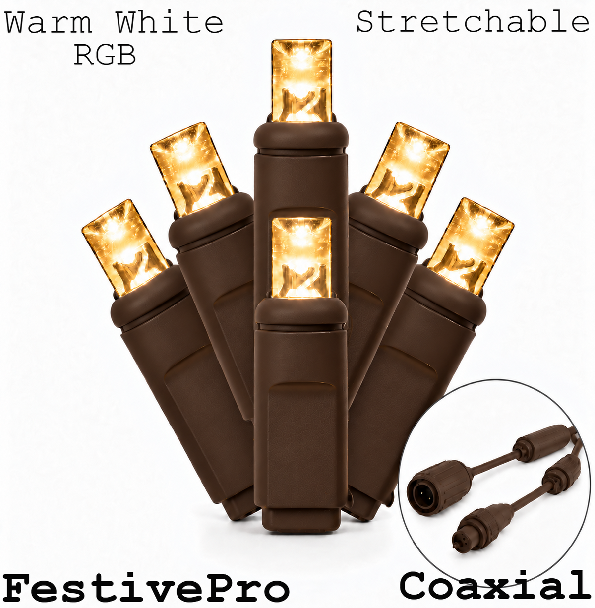 FestivePro Stretchable RGB 5MM LED Light Set - 50 Lights - RGB/Warm White - Brown Wire — view 1