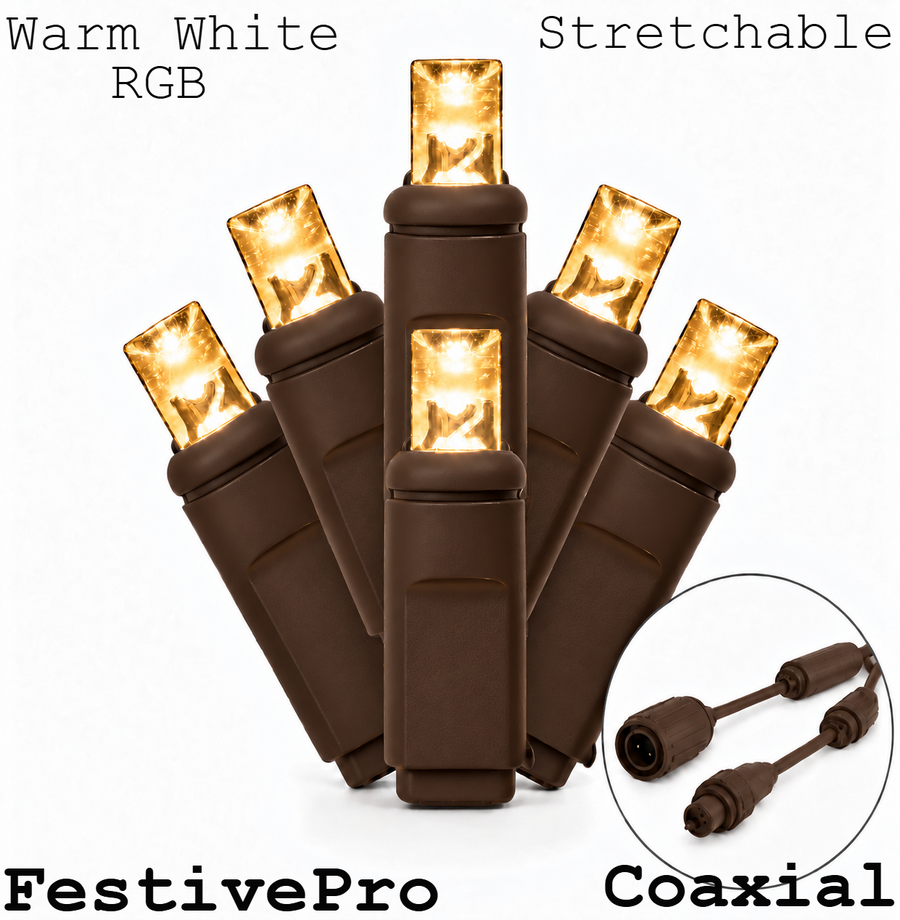 FestivePro Stretchable RGB 5MM LED Light Set - 50 Lights - RGB/Warm White - Brown Wire RGB+WW