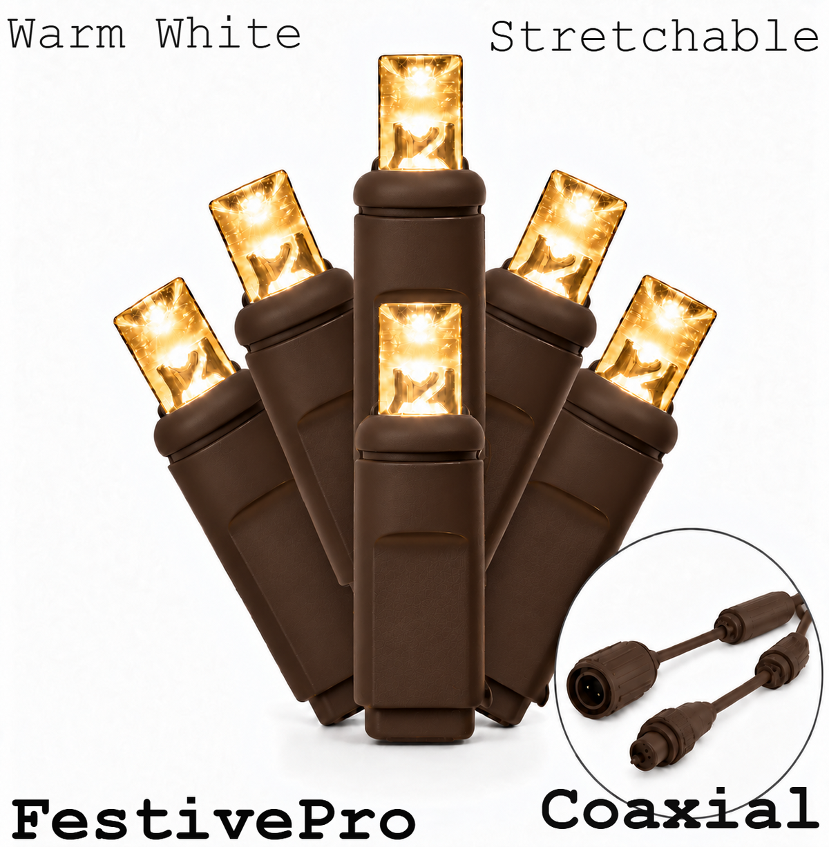 FestivePro Stretchable 5MM LED Light Set - 50 Lights - Warm White - Brown Wire — view 1