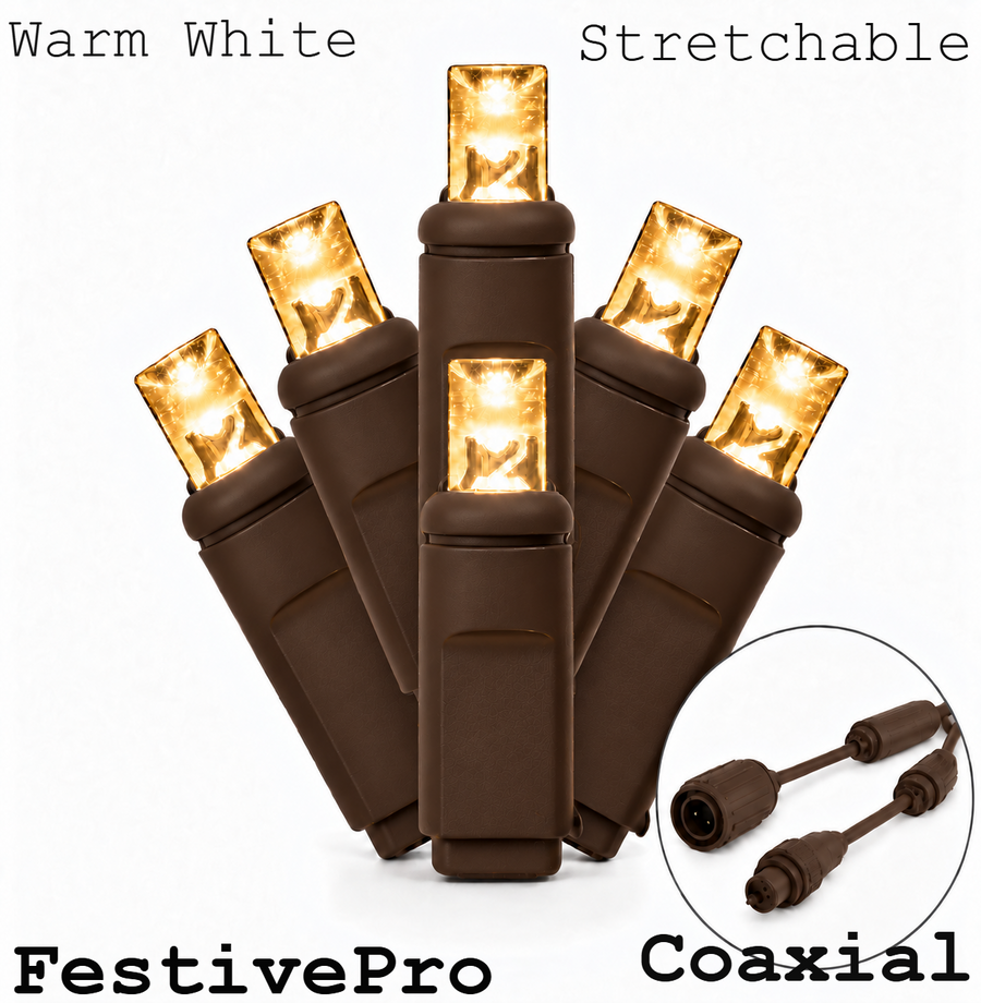 FestivePro Stretchable 5MM LED Light Set - 50 Lights - Warm White - Brown Wire Warm White