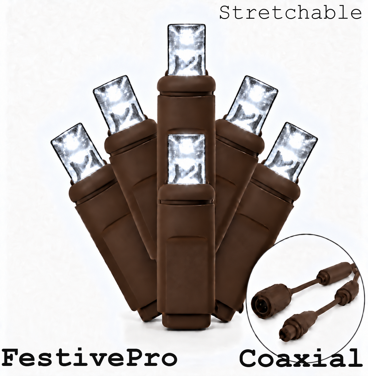 FestivePro Stretchable 5MM LED Light Set - 50 Lights - Pure White - Brown Wire — view 1