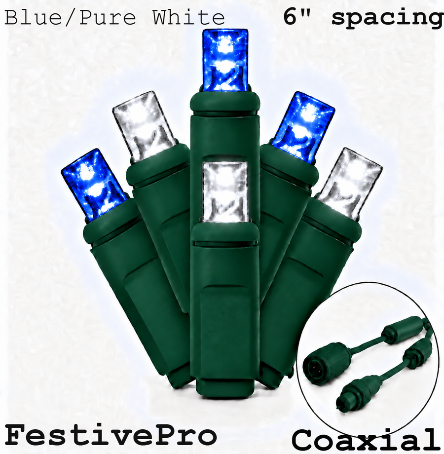 Blue/Pure White FestivePro 5MM LED Light Set - 50 Lights - 6" Spacing - Green Wire Blue-Pure White- 50 Ct - 6"- Green