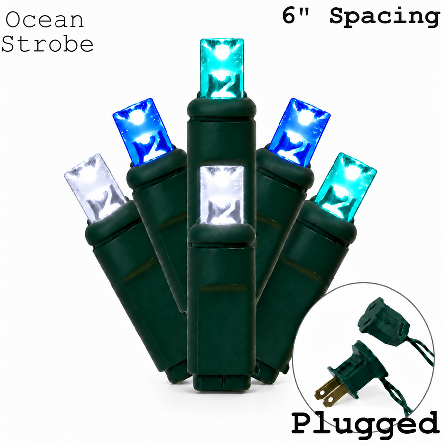5MM 50L Light Set BALLED - 6" Green Cord - OCEAN STROBE(B/T/B/T/B/CWS) Blue-Teal- 50 Ct - 6"- Green