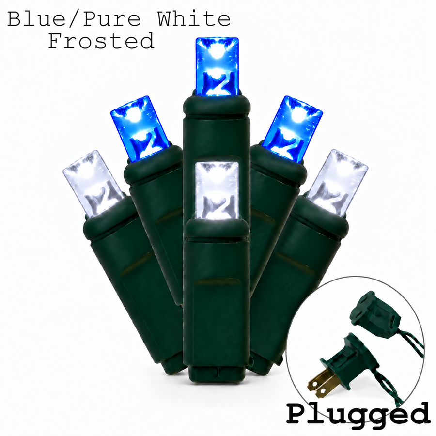 LED 5MM Light Set - Plugged - BL/PW - Frosted - Steady Function Pure White/Blue- 70 Ct - 4"- Green
