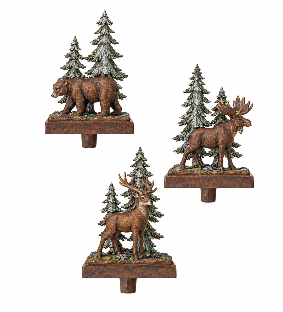 10" Stocking Holder resin and Iron Deer/Moose/Bear - Set of 3