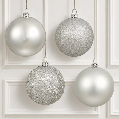 4" 4-Finish Shatterproof Ball Ornament Set - Silver — view 2