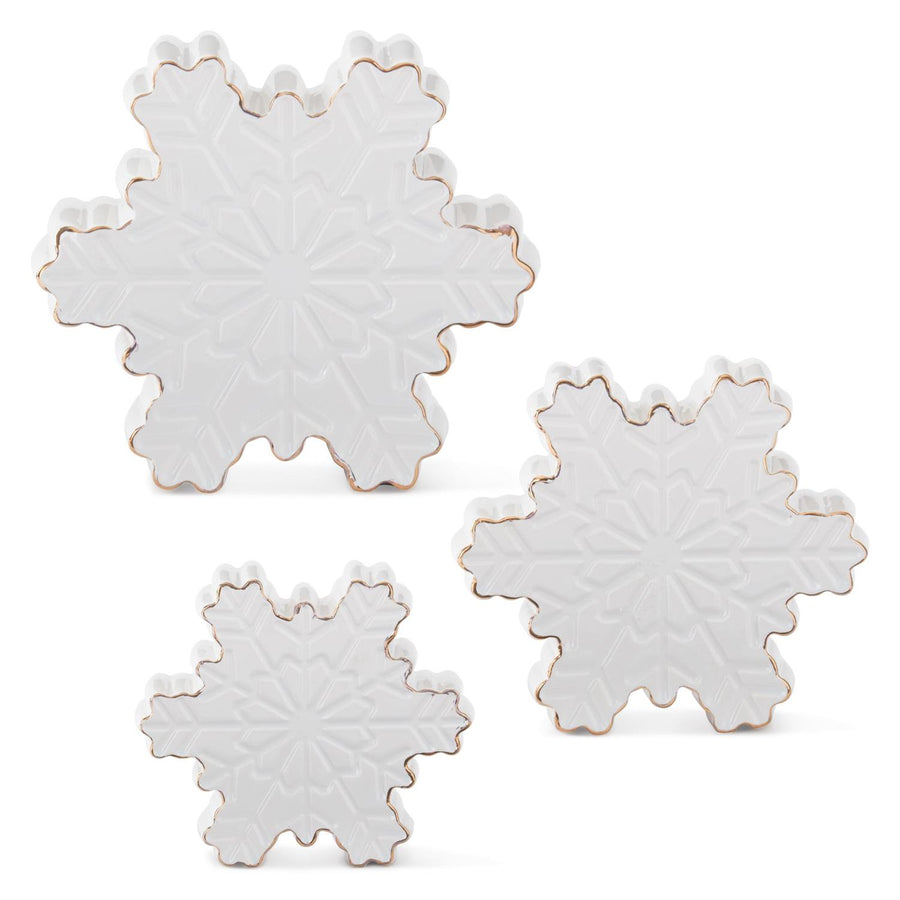 Set of 3 White Dolomite Tabletop Snowflakes w/Gold