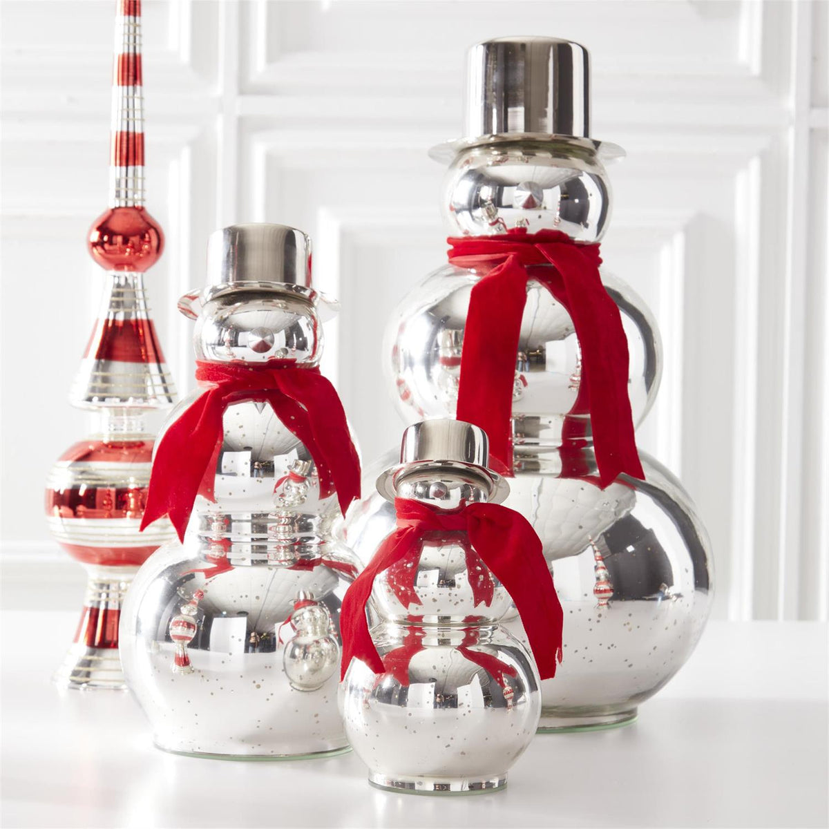 Set of 3 Silver Mercury Glass Snowmen w/Red Scarf & — view 2