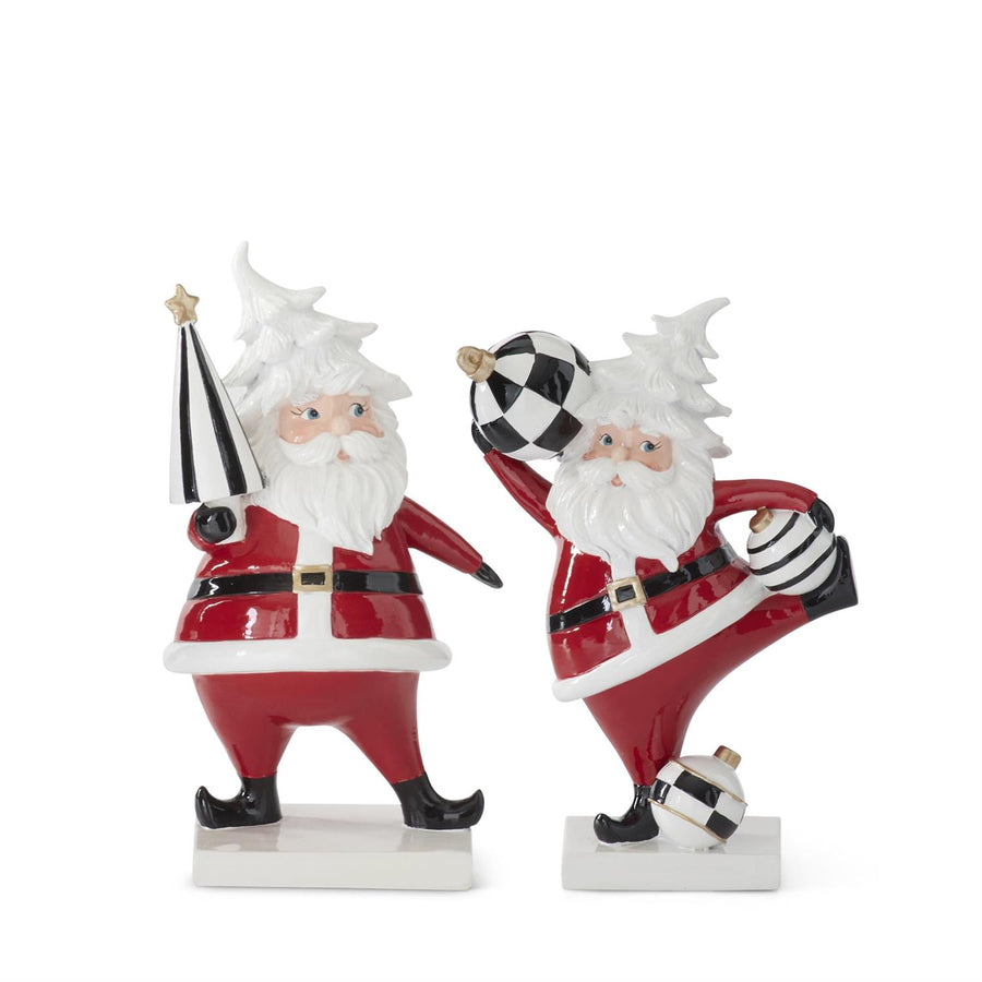 Set of 2 Black White & Red Resin Santas Holding