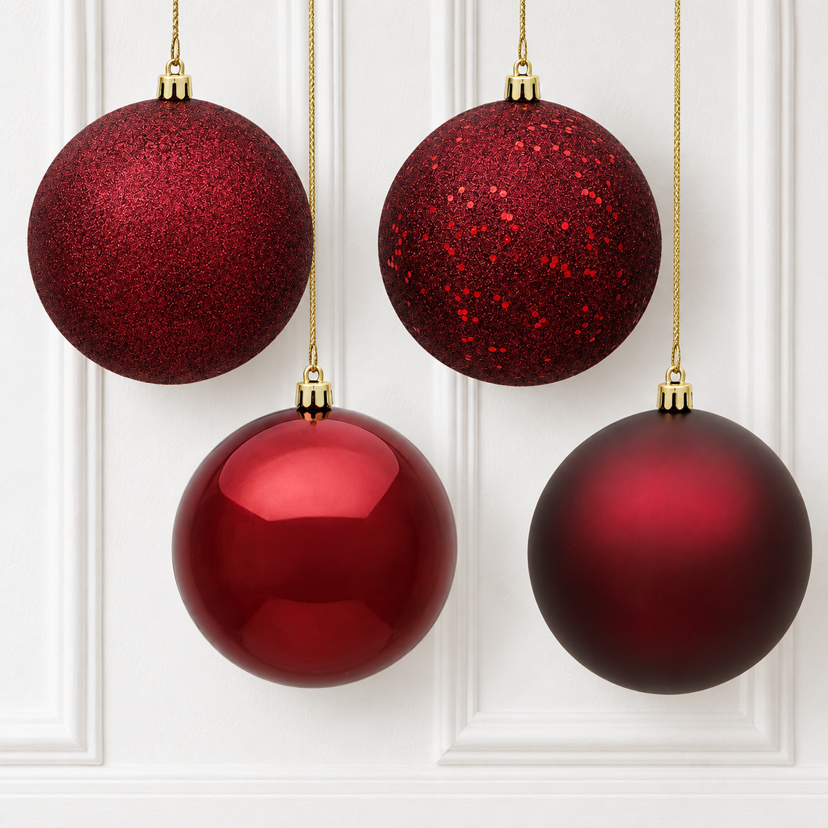 10" 4-Finish Shatterproof Ball Ornament Set - Burgundy - Set of 4 — view 2
