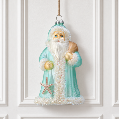 6.75" Glass Coastal Santa Ornament - Aqua Blue — view 2