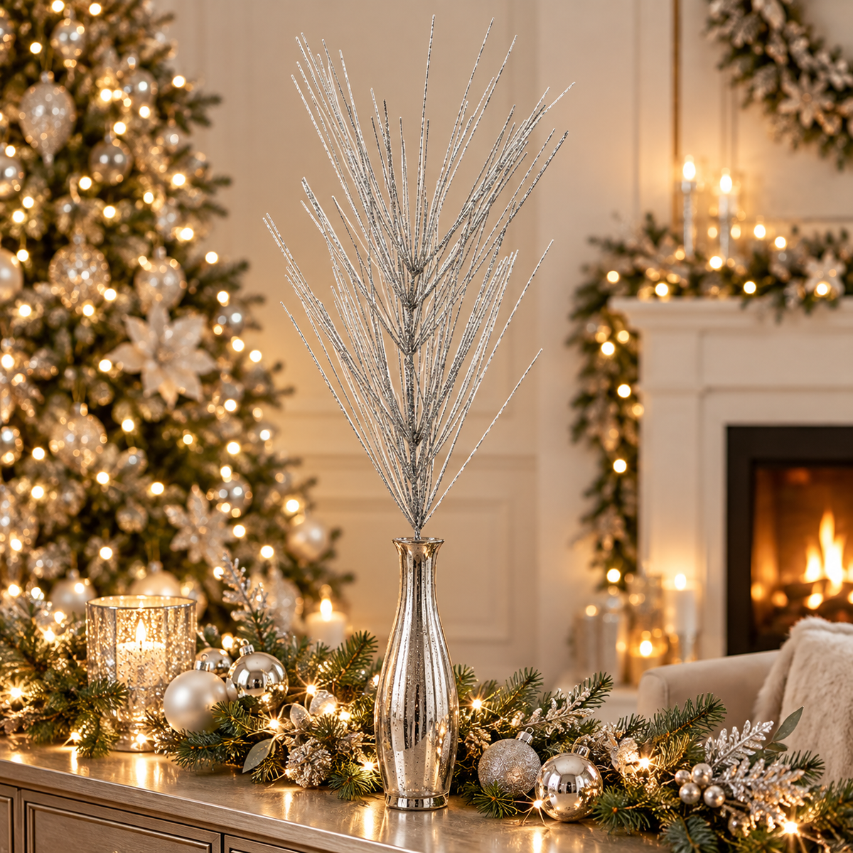36" - Glitter/Mica Giant Pine Spray - Set of 2 - Silver — view 2