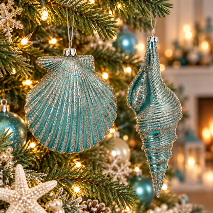 4.5-7" Velvet Glitter Pearl Seashell Ornament - Aqua - Set of 2 — view 2