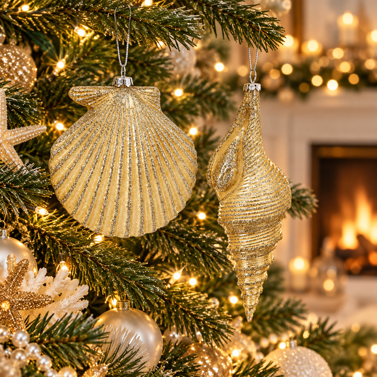 4.5-7" Velvet Glitter Pearl Seashell Ornament - Champagne - Set of 2 — view 2