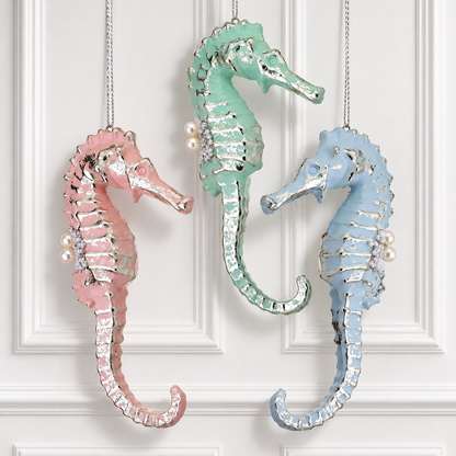 6" Pearl/Beaded Seahorse Ornament - Pastel Assorted - Set of 3 — view 2