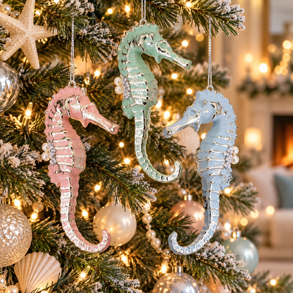 6" Pearl/Beaded Seahorse Ornament - Pastel Assorted - Set of 3 — view 3
