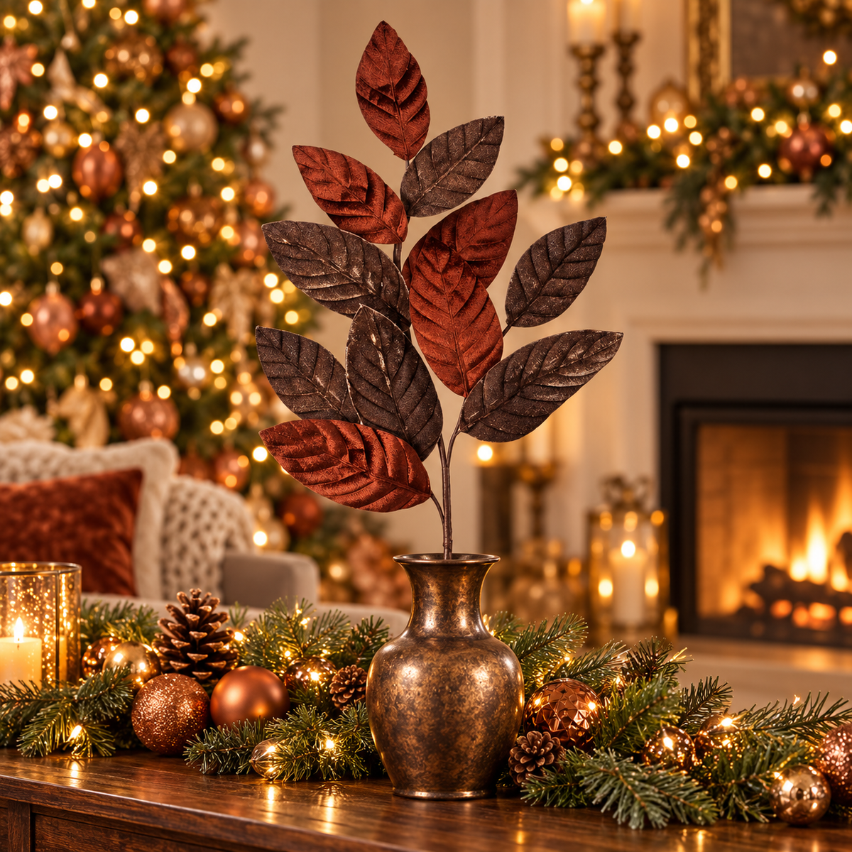 26" Velvet Magnolia Leaf Spray - Brown — view 2