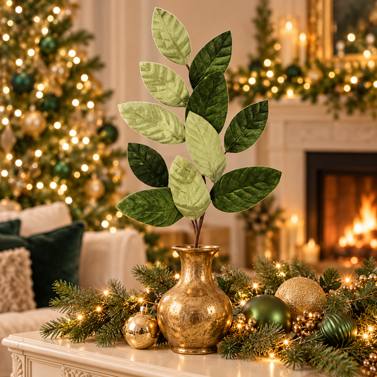 26" Velvet Magnolia Leaf Spray - Green — view 2