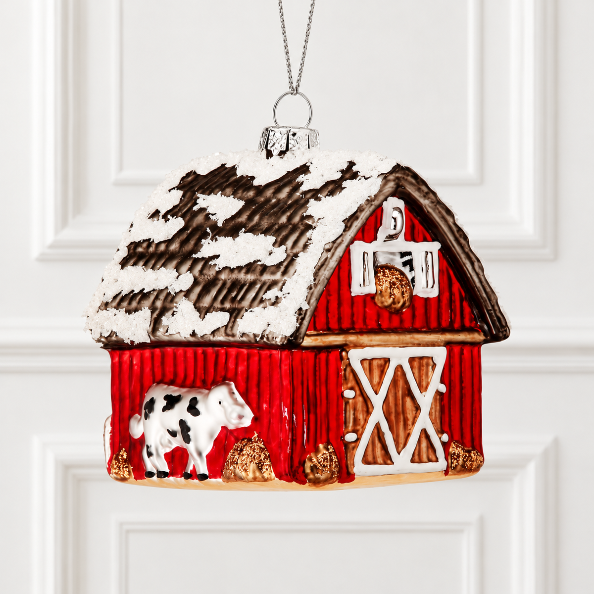 3.5" Glass Winter Barn & Tractor Ornament — view 1