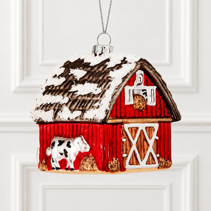 3.5" Glass Winter Barn & Tractor Ornament — view 1