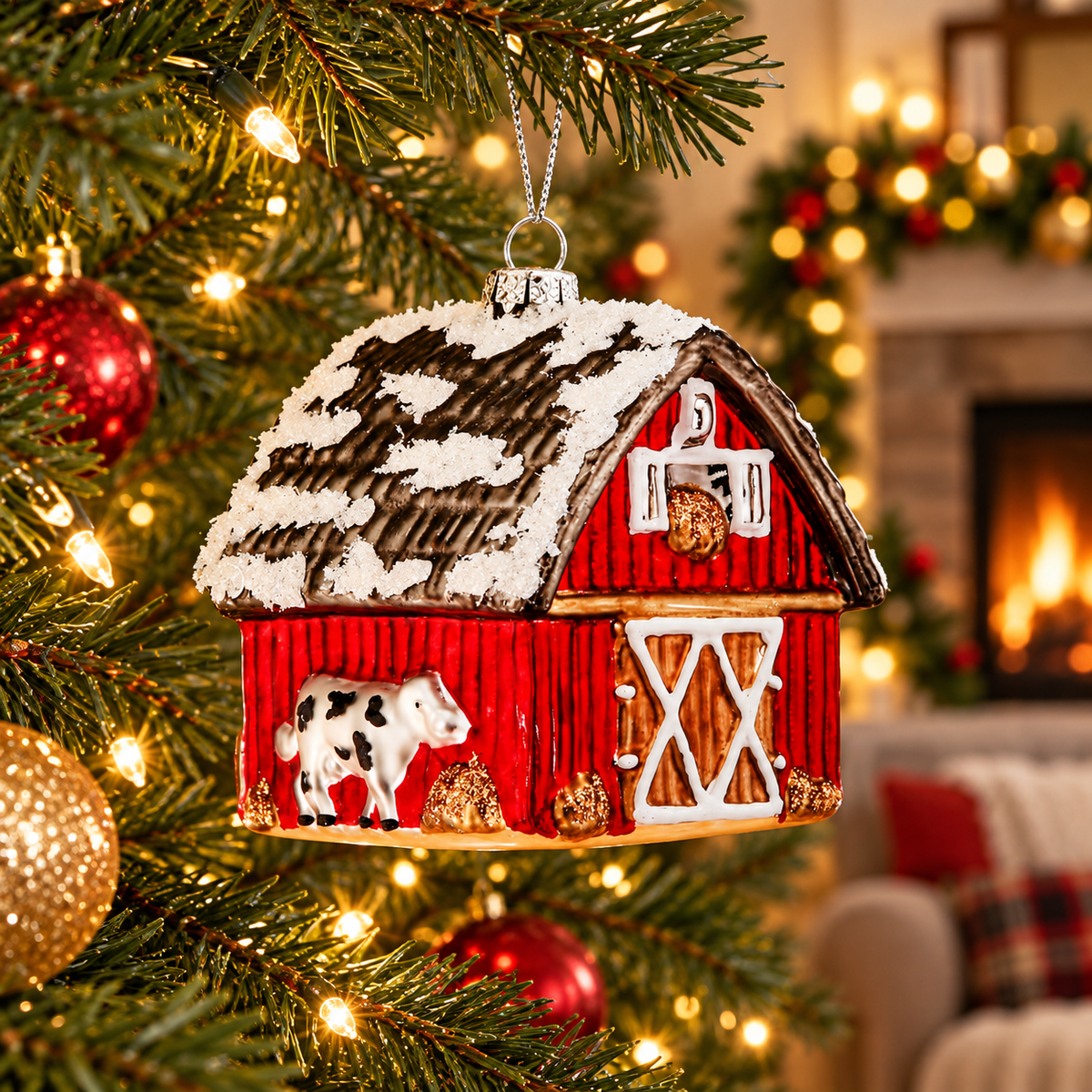 3.5" Glass Winter Barn & Tractor Ornament — view 2