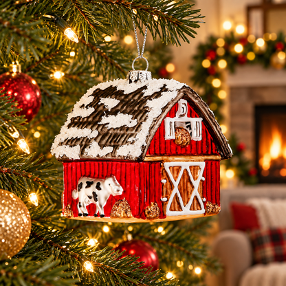 3.5" Glass Winter Barn & Tractor Ornament — view 2